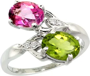 10K White Gold Pink Topaz & Peridot 2-stone Mother's Ring Oval 8x6mm Diamond Accents, 3/4 inch wide, sizes 5 - 10