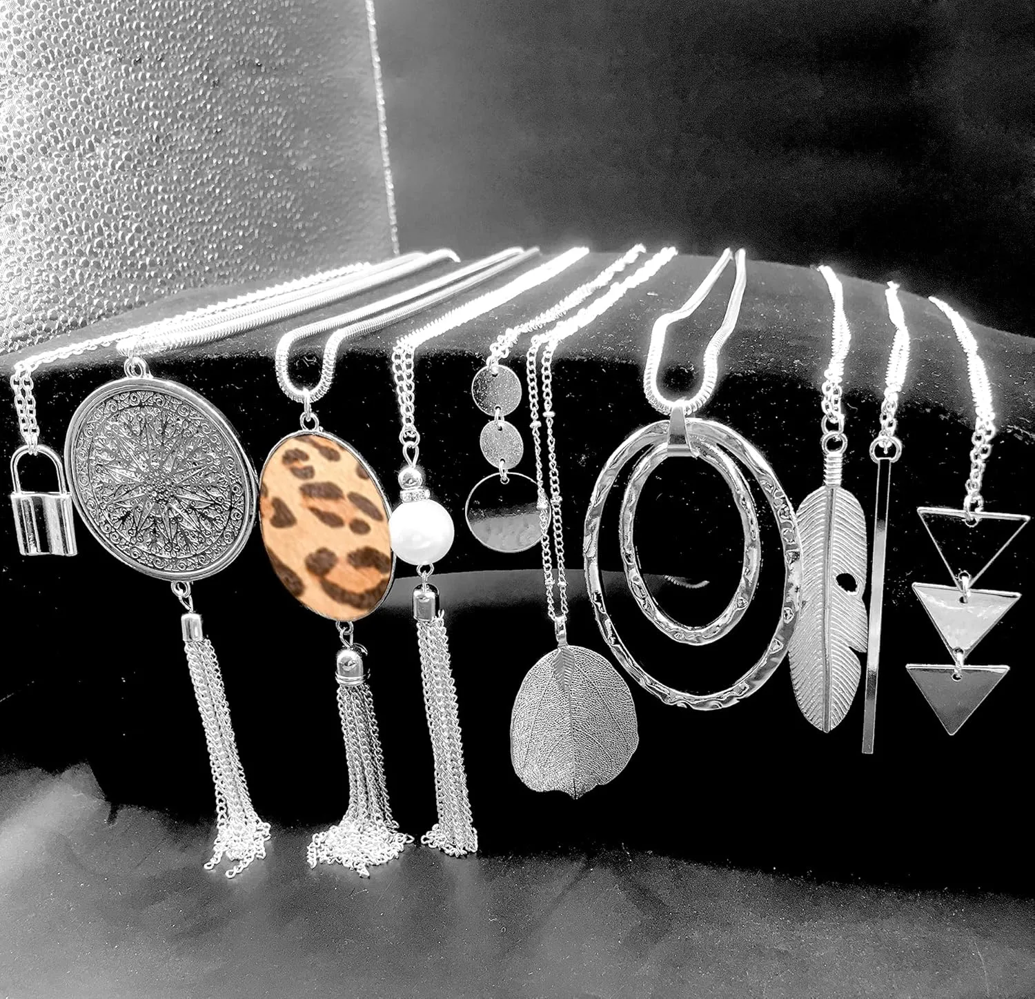 10Pcs Long Pendant Necklace Simple Moon Bar Three Triangle Tassel Lock Sweater Y Shape Punk Chain Choker Necklace for Women Men Gold Silver Tone