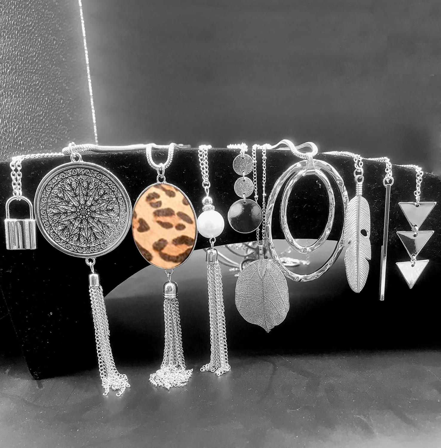 10Pcs Long Pendant Necklace Simple Moon Bar Three Triangle Tassel Lock Sweater Y Shape Punk Chain Choker Necklace for Women Men Gold Silver Tone