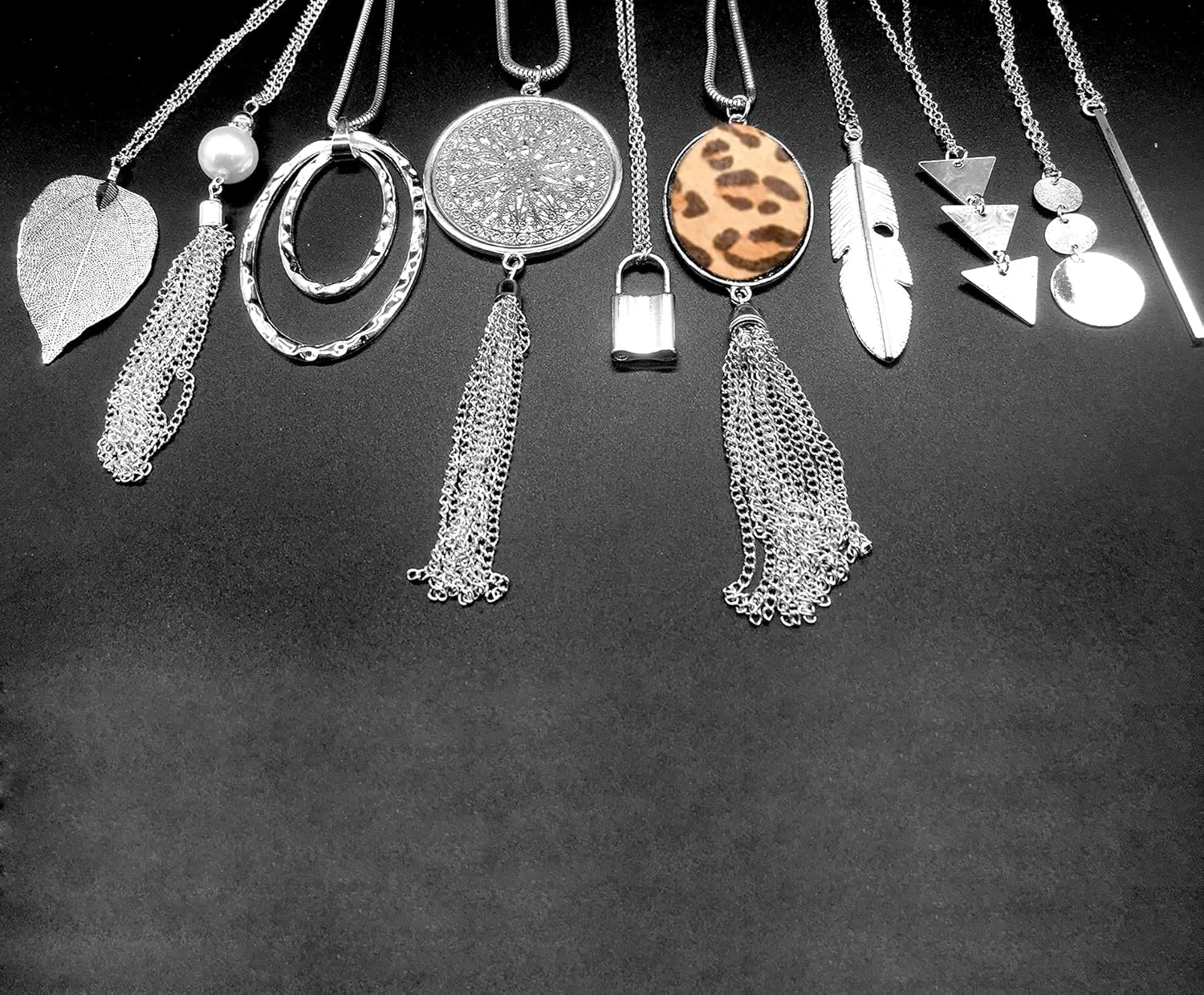 10Pcs Long Pendant Necklace Simple Moon Bar Three Triangle Tassel Lock Sweater Y Shape Punk Chain Choker Necklace for Women Men Gold Silver Tone