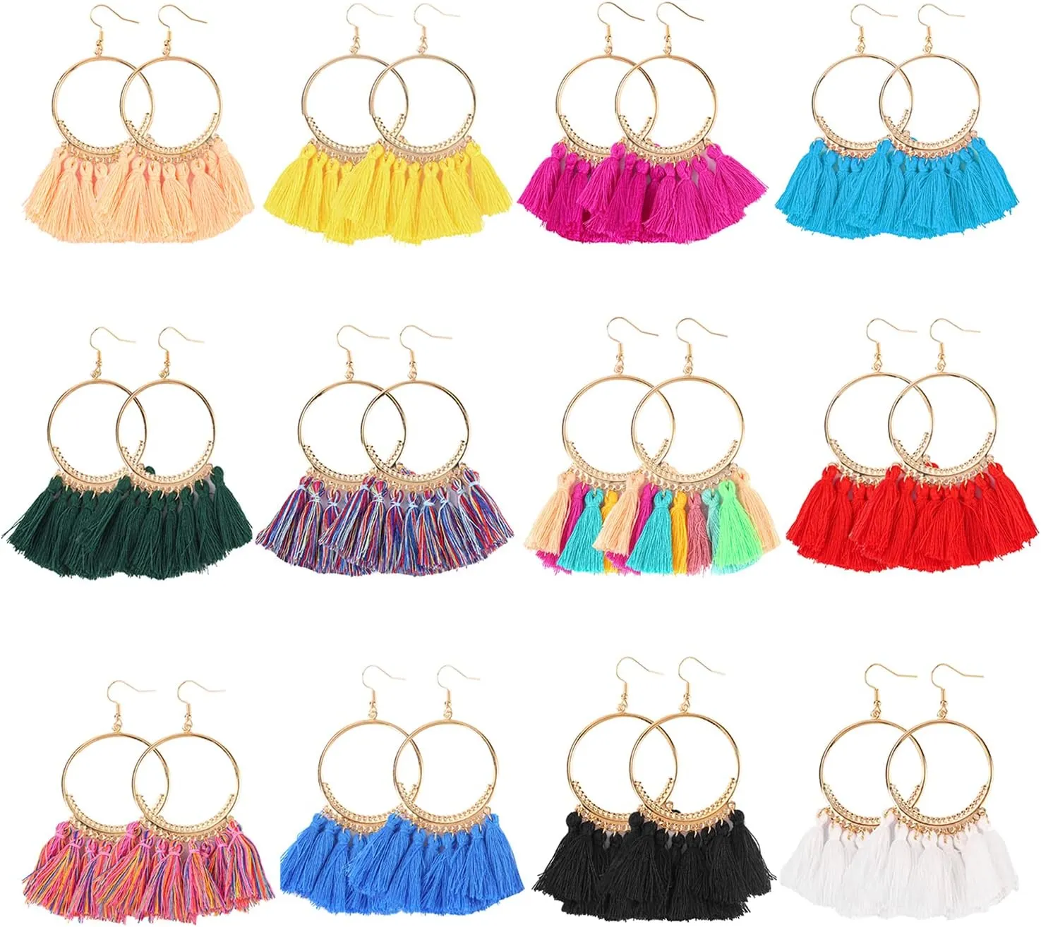 12 Pairs Bohemian Tassel Earrings for Women-Trendy Colorful Fringe Statement Earrings for Women Jewelry