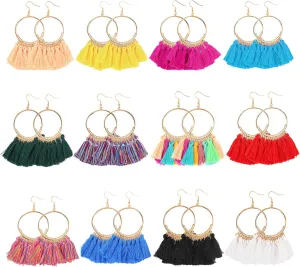 12 Pairs Bohemian Tassel Earrings for Women-Trendy Colorful Fringe Statement Earrings for Women Jewelry