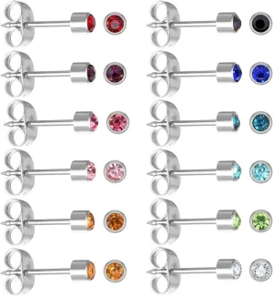 12 Pairs Ear Piercing Stud Earrings for Ear Piercing Guns, Surgical Stainless Steel Multicolor Round Heart Star Cubic Zirconia Birthstone Stud Earrings Set