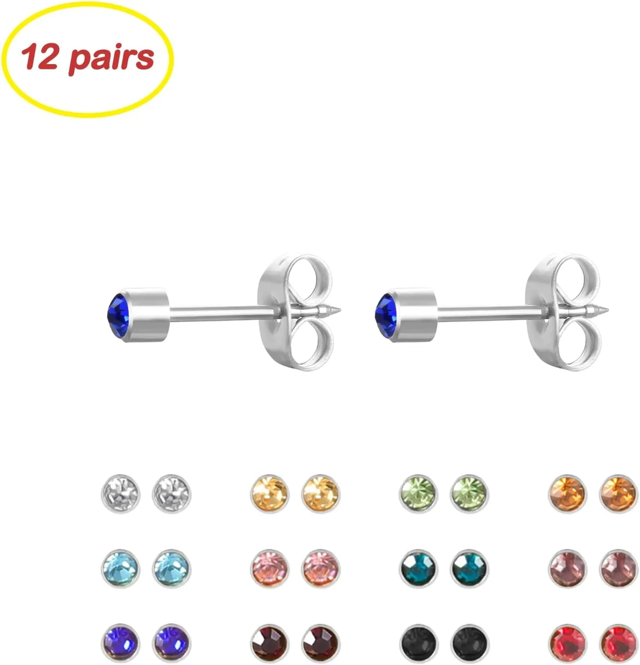 12 Pairs Ear Piercing Stud Earrings for Ear Piercing Guns, Surgical Stainless Steel Multicolor Round Heart Star Cubic Zirconia Birthstone Stud Earrings Set
