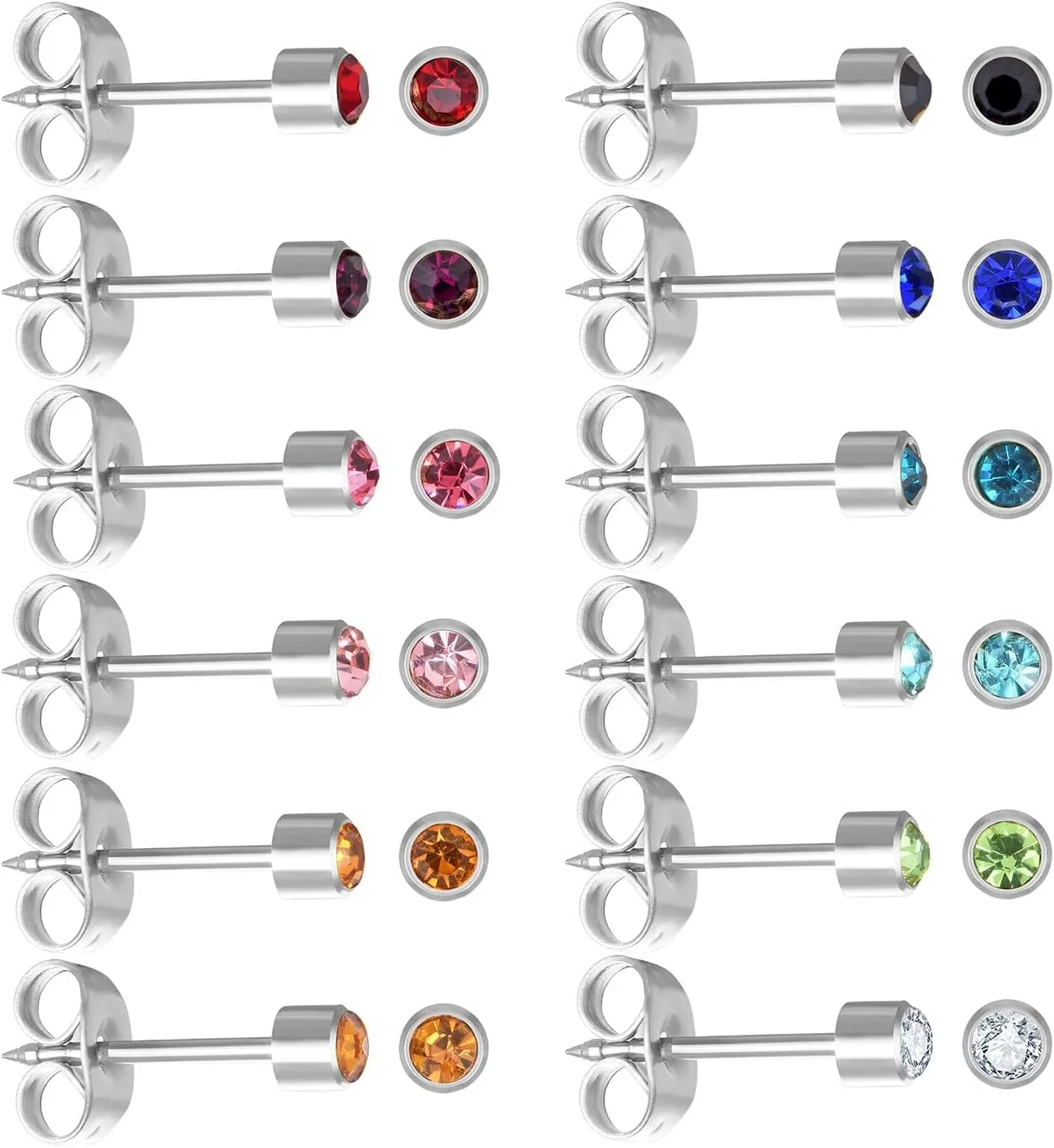 12 Pairs Ear Piercing Stud Earrings for Ear Piercing Guns, Surgical Stainless Steel Multicolor Round Heart Star Cubic Zirconia Birthstone Stud Earrings Set