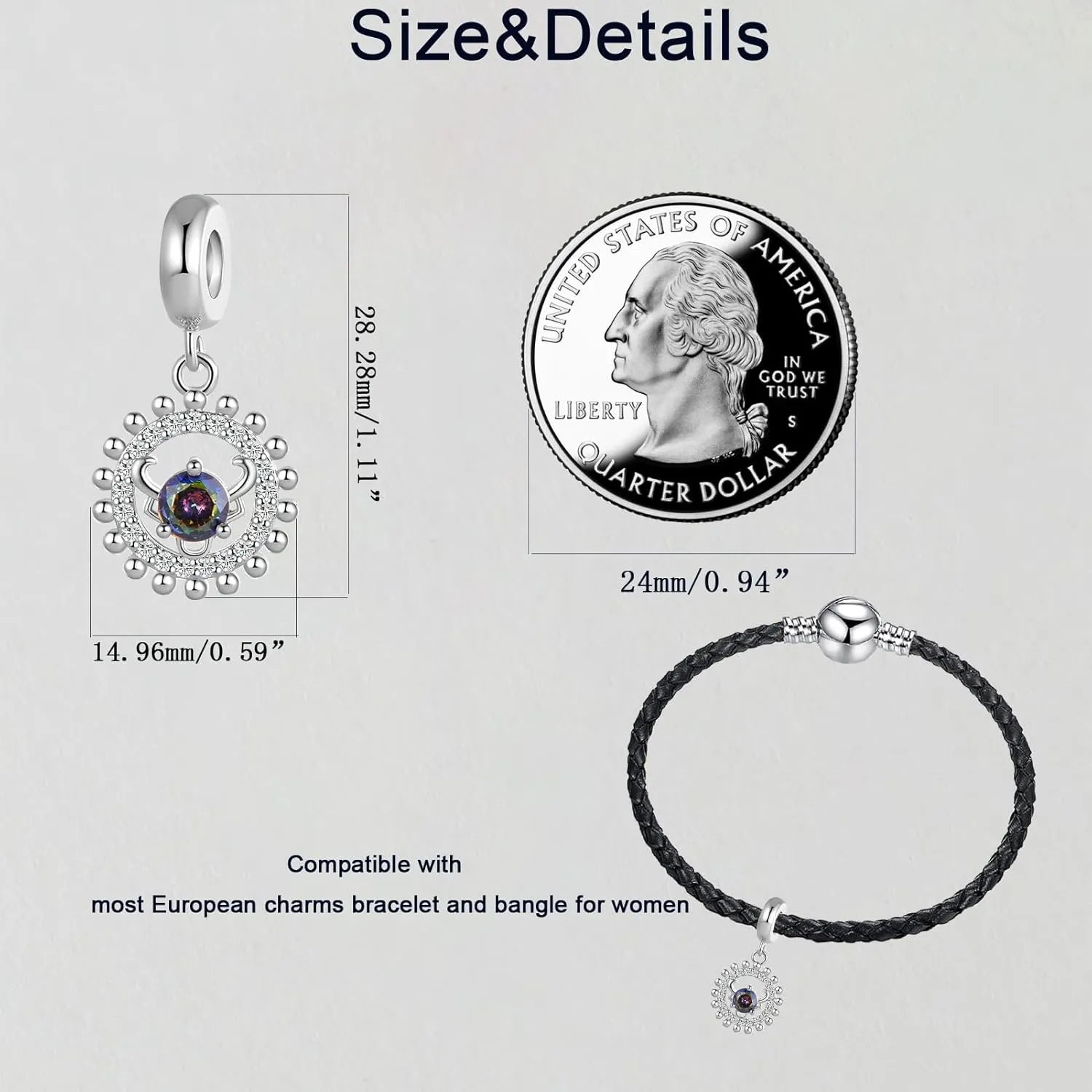 12 Zodiac Signs Birthday Constellation Charm Clear CZ Bead for Pandora Bracelet