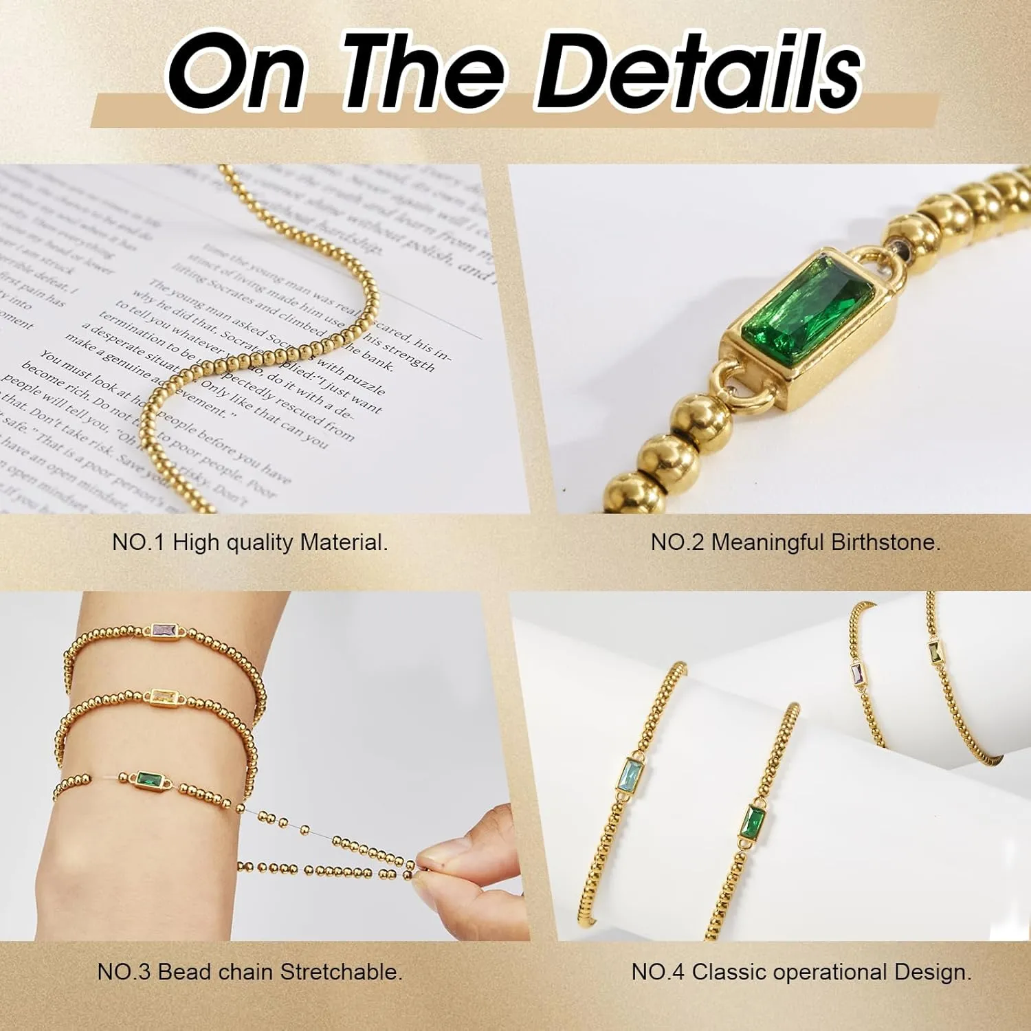 14K Gold Plated Birthstone Bracelet for Women & Teen Girls, Stackable Dainty Jewelry, Non-Tarnish Blue sapphire Green Emerald, Trendy Friendship Bracelet Gift for Mom, Best Friend