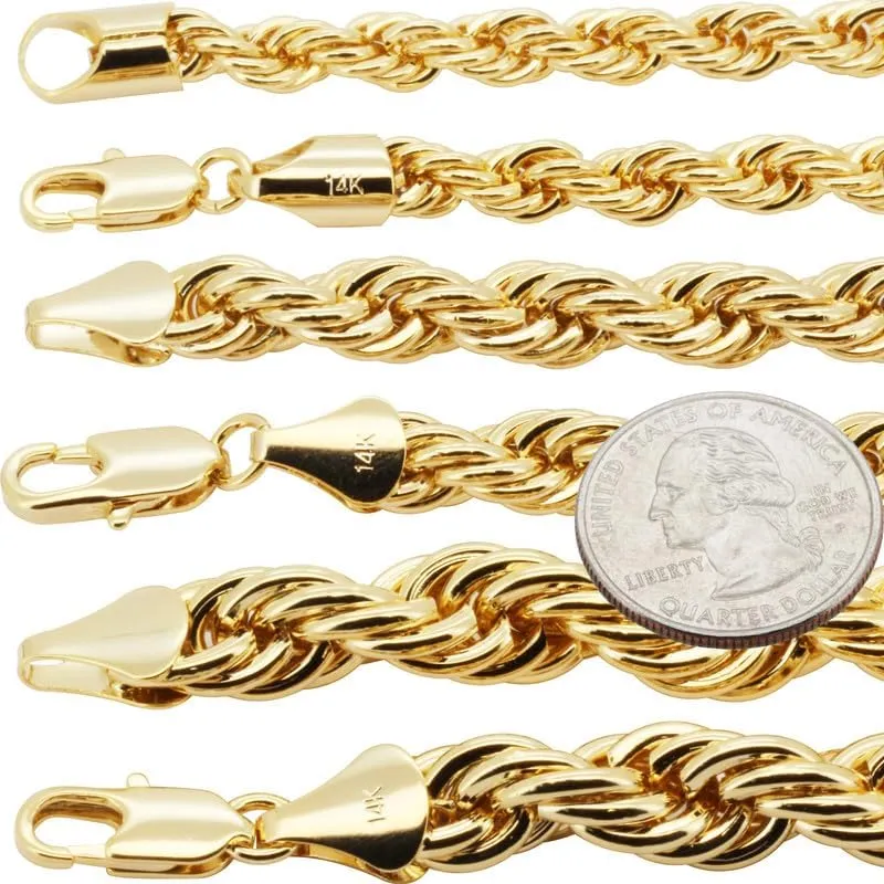 14K Gold Plated Brass 6-10MM Rope Chain Necklace Bracelet Hip Hop Costume Fashion Jewelry For Women & Men 8-30