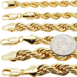 14K Gold Plated Brass 6-10MM Rope Chain Necklace Bracelet Hip Hop Costume Fashion Jewelry For Women & Men 8-30