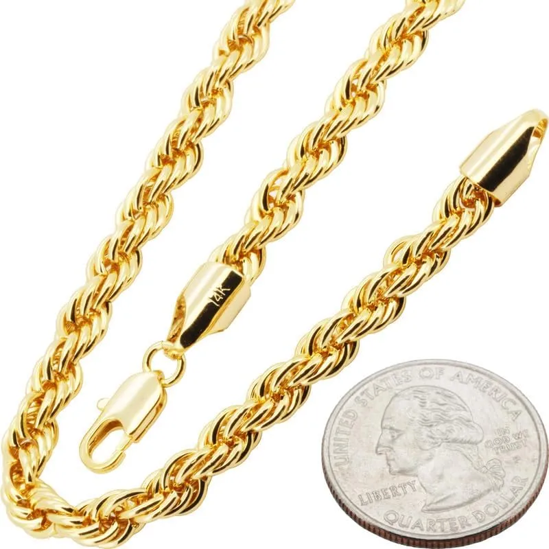 14K Gold Plated Brass 6-10MM Rope Chain Necklace Bracelet Hip Hop Costume Fashion Jewelry For Women & Men 8-30