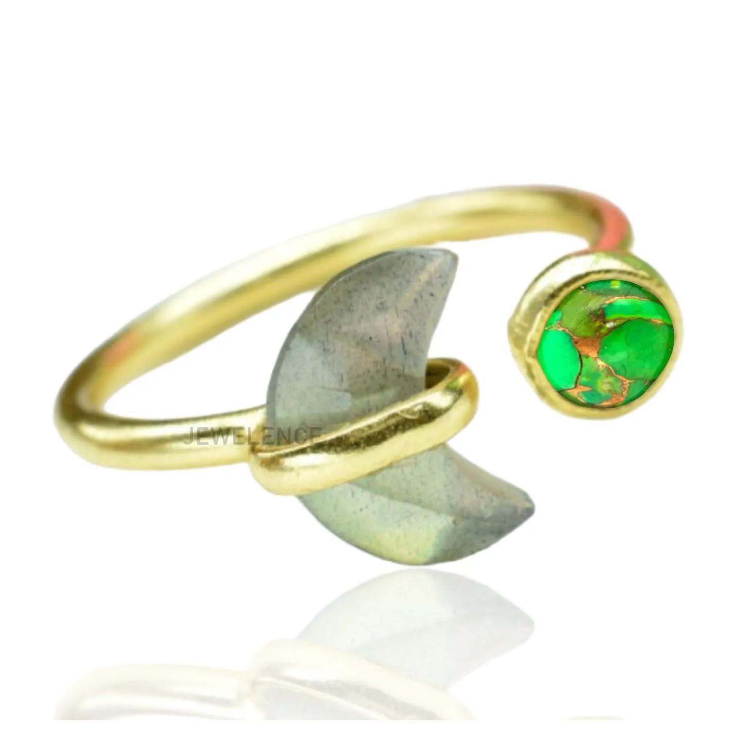 14K Gold Plated Fine Sterling Silver Ring For Women & Girls Green Copper Turquoise Labradorite Ring Adjustable Sterling Silver Handmade Ring Gemstone Crescent Ring