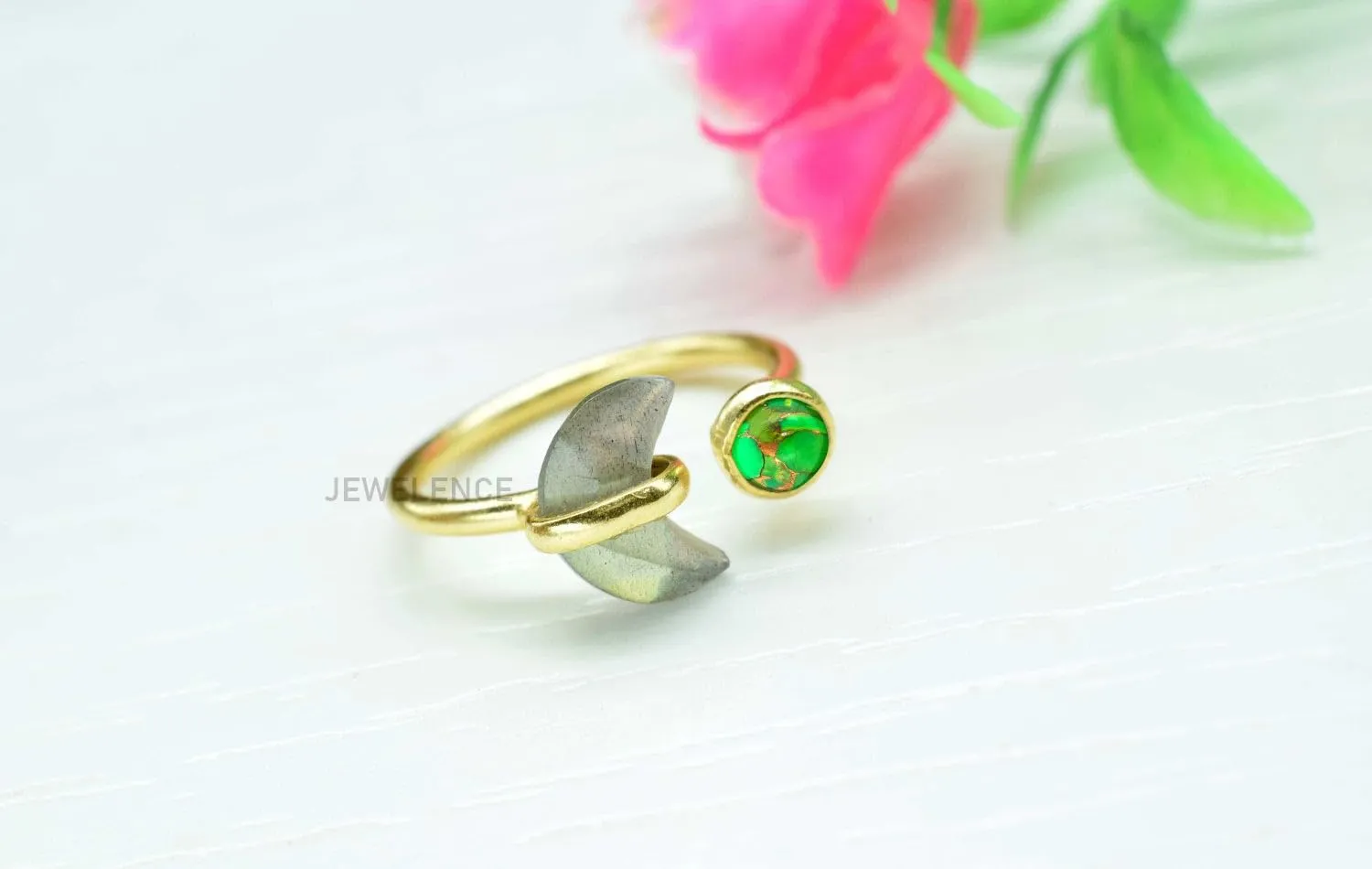 14K Gold Plated Fine Sterling Silver Ring For Women & Girls Green Copper Turquoise Labradorite Ring Adjustable Sterling Silver Handmade Ring Gemstone Crescent Ring