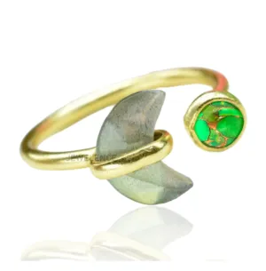 14K Gold Plated Fine Sterling Silver Ring For Women & Girls Green Copper Turquoise Labradorite Ring Adjustable Sterling Silver Handmade Ring Gemstone Crescent Ring