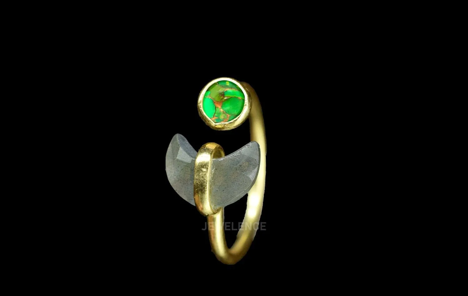 14K Gold Plated Fine Sterling Silver Ring For Women & Girls Green Copper Turquoise Labradorite Ring Adjustable Sterling Silver Handmade Ring Gemstone Crescent Ring