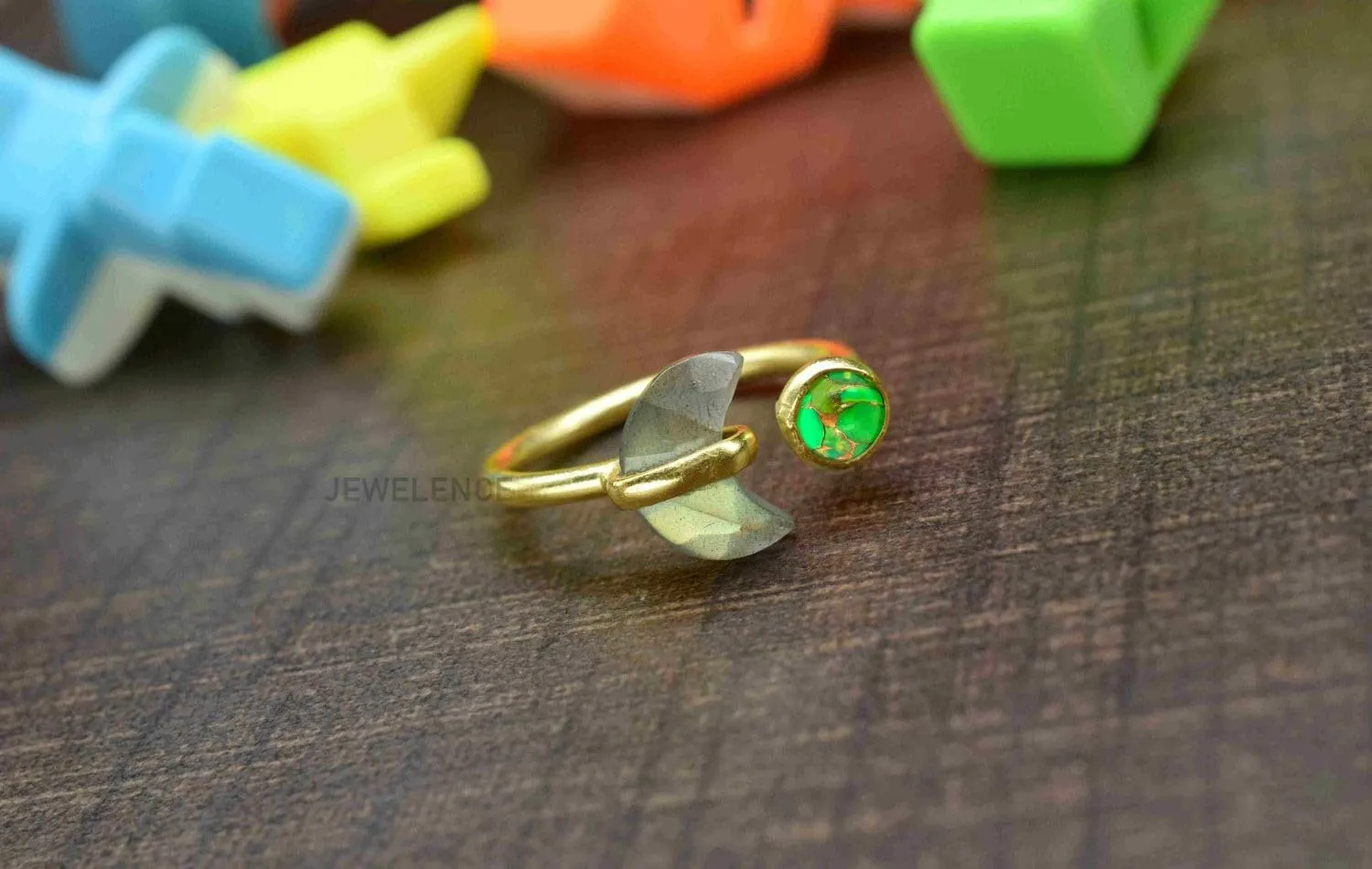 14K Gold Plated Fine Sterling Silver Ring For Women & Girls Green Copper Turquoise Labradorite Ring Adjustable Sterling Silver Handmade Ring Gemstone Crescent Ring