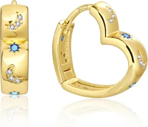 14K Gold Plated Heart Hoop Earrings for Women Trendy Huggie Star Moon Zirconia 925 Sterling Silver Hoops Earring Hypoallergenic Chunky Earings for Valentine Jewelry Gifts