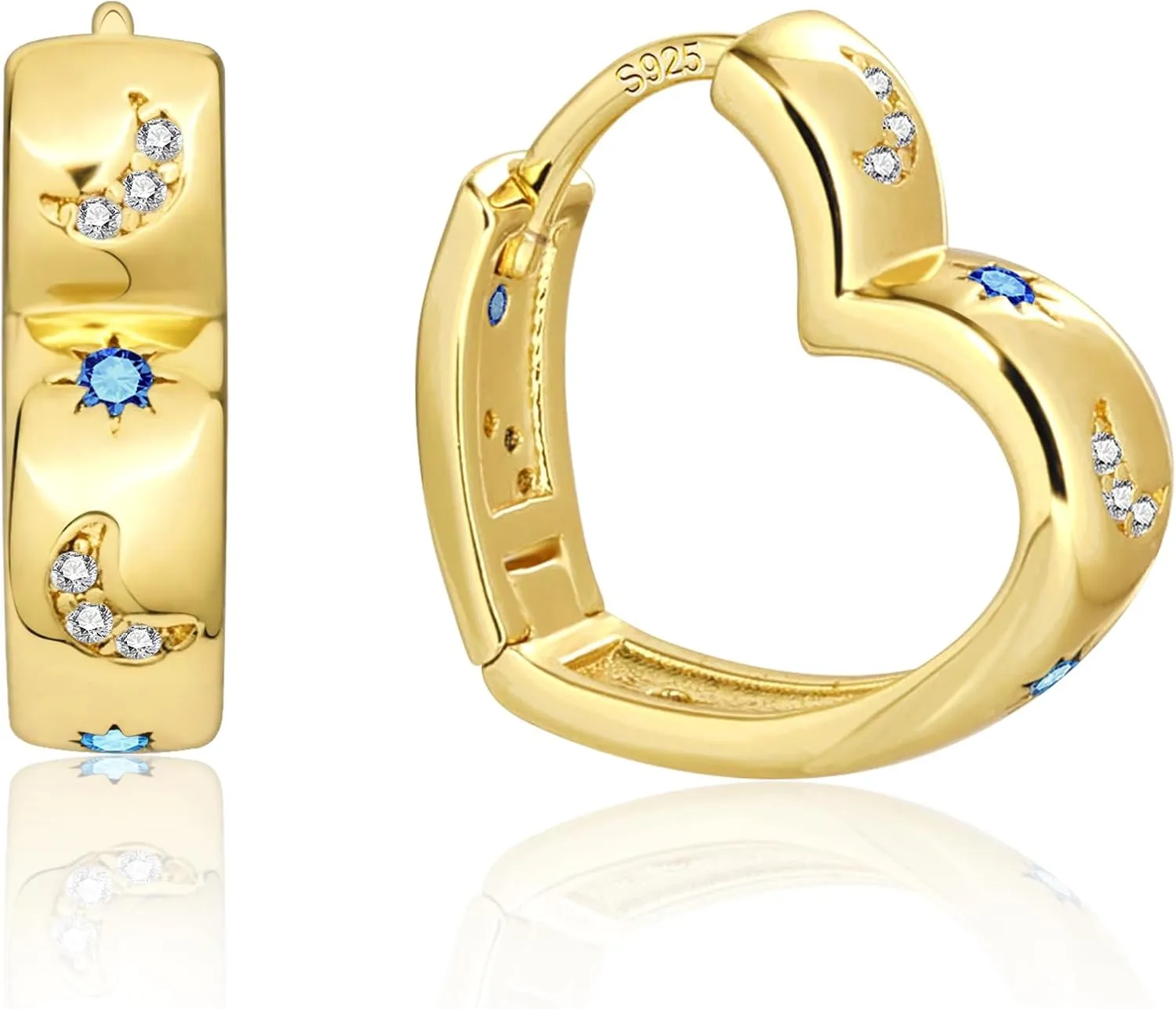 14K Gold Plated Heart Hoop Earrings for Women Trendy Huggie Star Moon Zirconia 925 Sterling Silver Hoops Earring Hypoallergenic Chunky Earings for Valentine Jewelry Gifts
