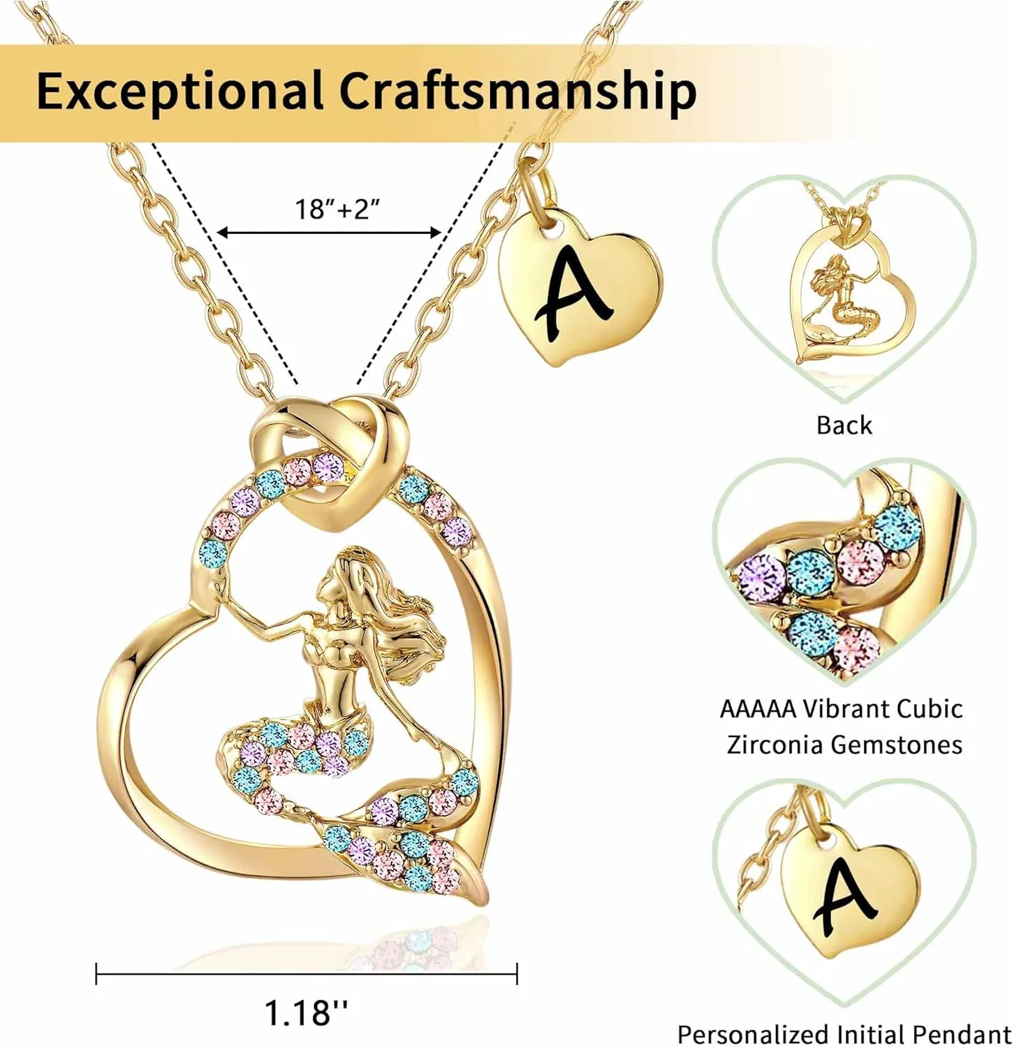 14K Gold-Plated Mermaid Initial Heart Necklace - Gifts for Girls