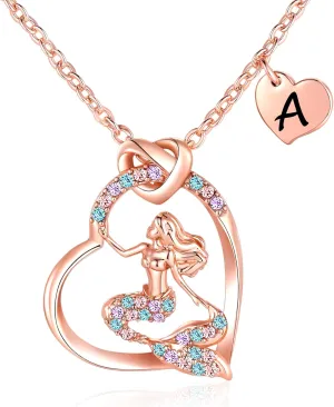 14K Gold-Plated Mermaid Initial Heart Necklace - Gifts for Girls