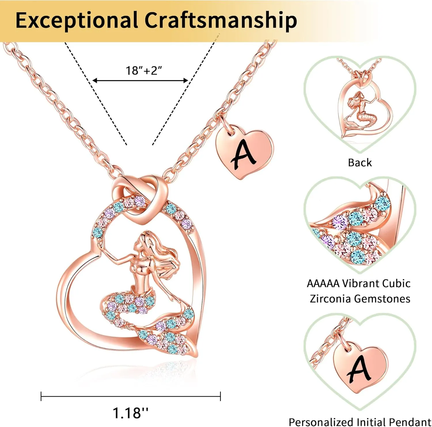 14K Gold-Plated Mermaid Initial Heart Necklace - Gifts for Girls