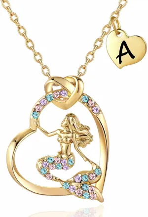 14K Gold-Plated Mermaid Initial Heart Necklace - Gifts for Girls