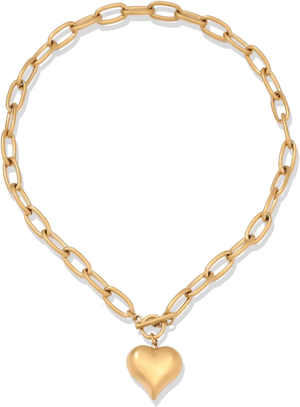 14K Gold Plated Necklace for Women, Chunky Chain Link Necklace with Puffy Heart Pendant, non tarnish Jewelry for Women Gifts