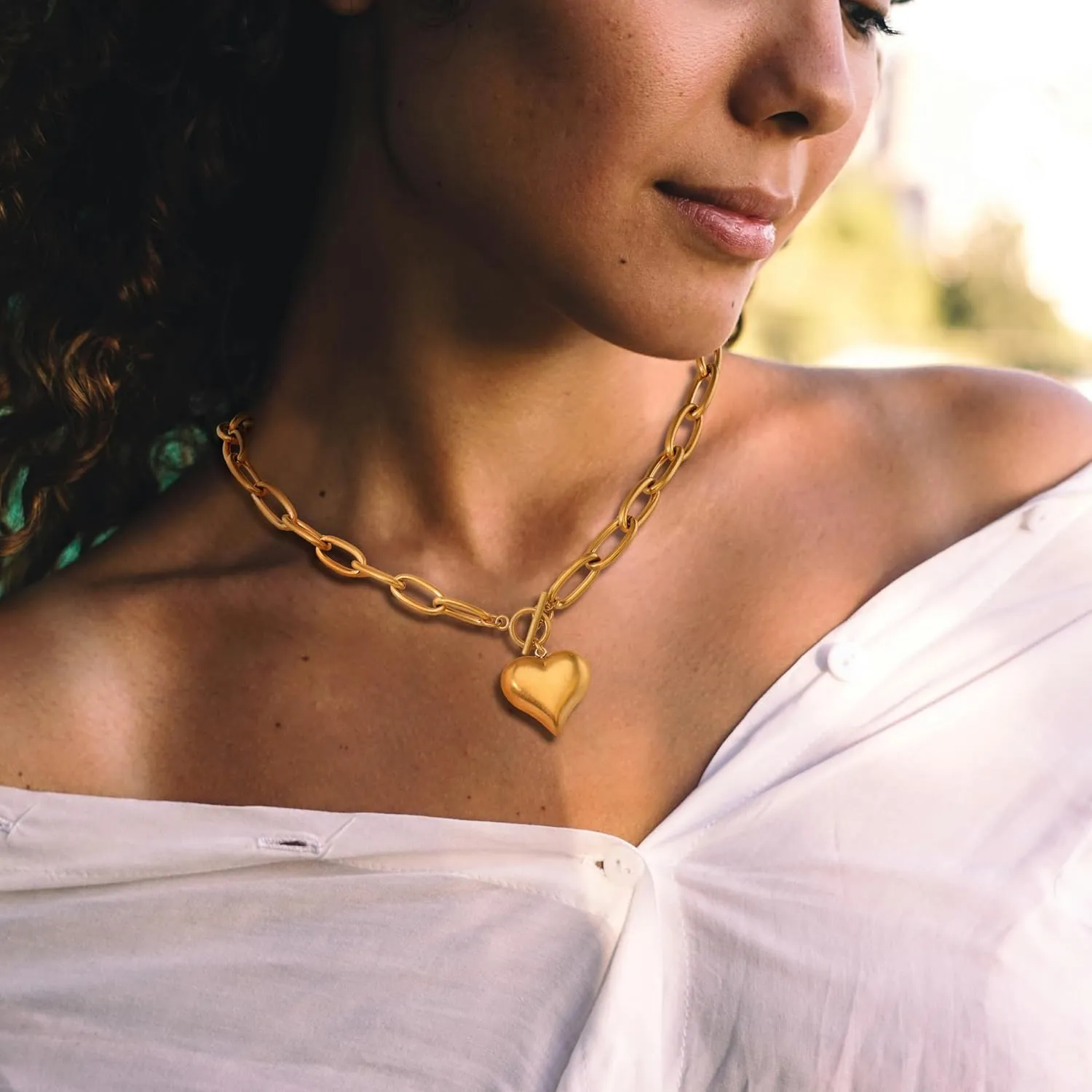 14K Gold Plated Necklace for Women, Chunky Chain Link Necklace with Puffy Heart Pendant, non tarnish Jewelry for Women Gifts