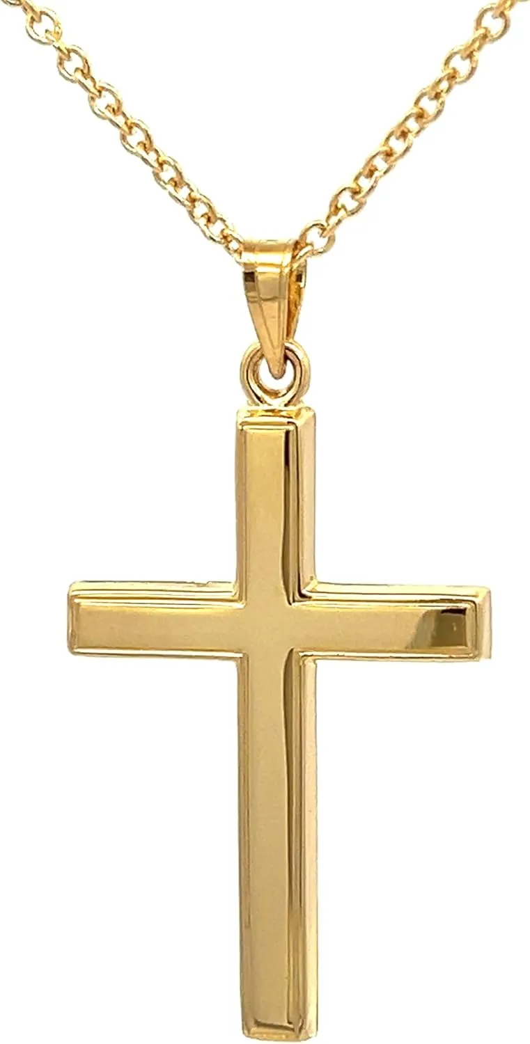 14K Gold Reversible Plain Cross Pendant Necklace, Handcrafted in USA 14K Gold Fine Religious Jewelry Gift