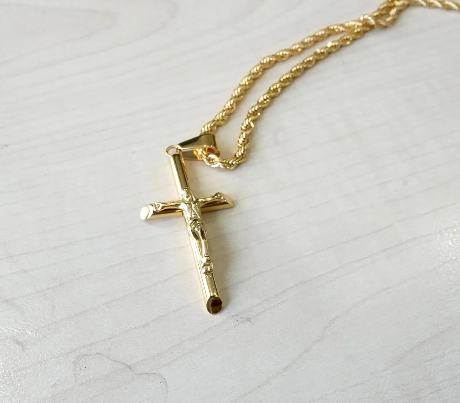 14K Gold Rope Chain Crucifix Style Cross Pendant Necklace 3MM Cross Necklace Clasp for MEN, HUSBAND Thin for Charms Miami Cuban Link Diamond Cut Religious
