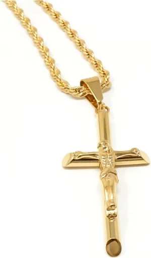 14K Gold Rope Chain Crucifix Style Cross Pendant Necklace 3MM Cross Necklace Clasp for MEN, HUSBAND Thin for Charms Miami Cuban Link Diamond Cut Religious
