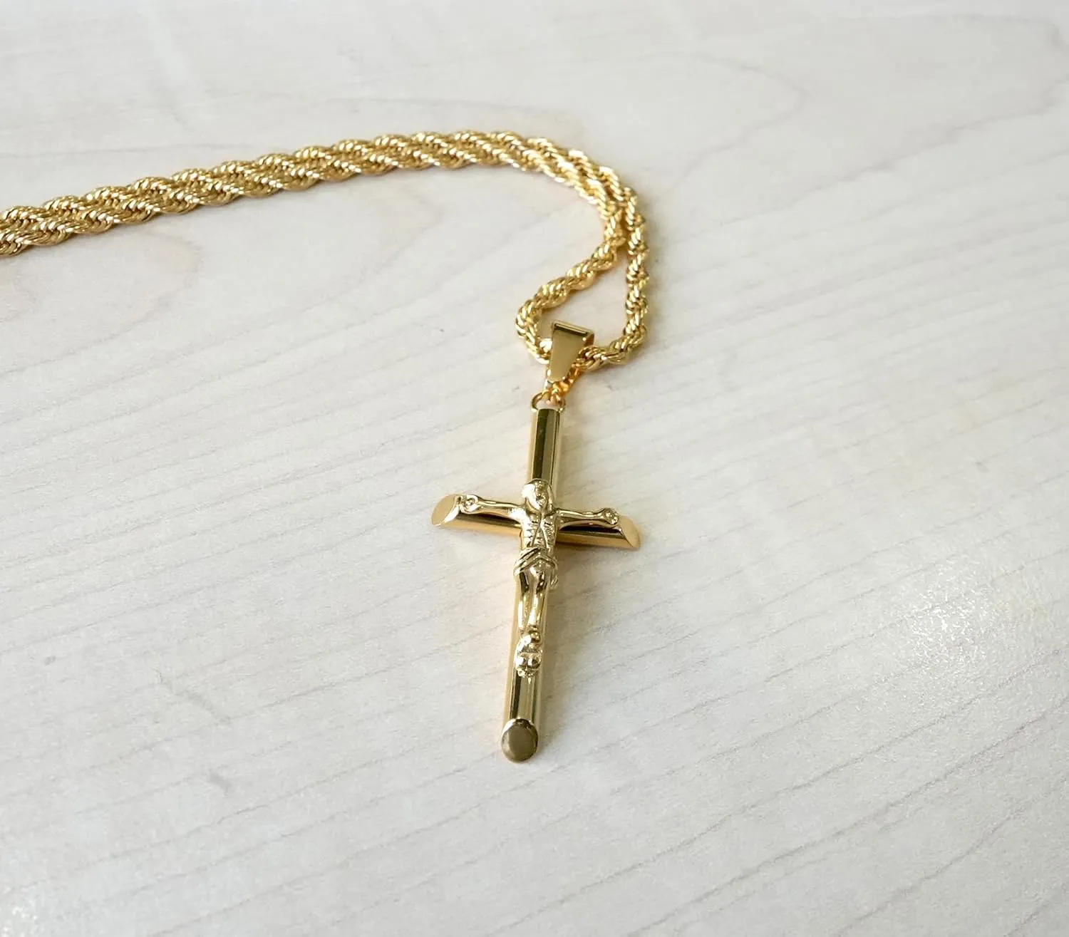 14K Gold Rope Chain Crucifix Style Cross Pendant Necklace 3MM Cross Necklace Clasp for MEN, HUSBAND Thin for Charms Miami Cuban Link Diamond Cut Religious