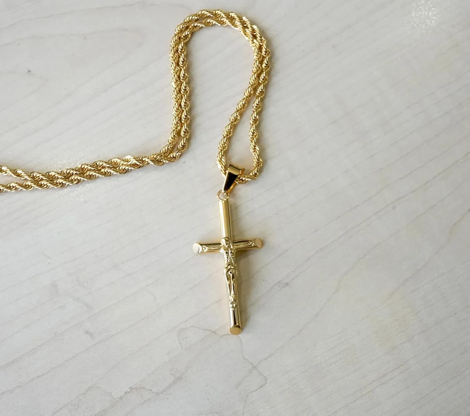 14K Gold Rope Chain Crucifix Style Cross Pendant Necklace 3MM Cross Necklace Clasp for MEN, HUSBAND Thin for Charms Miami Cuban Link Diamond Cut Religious