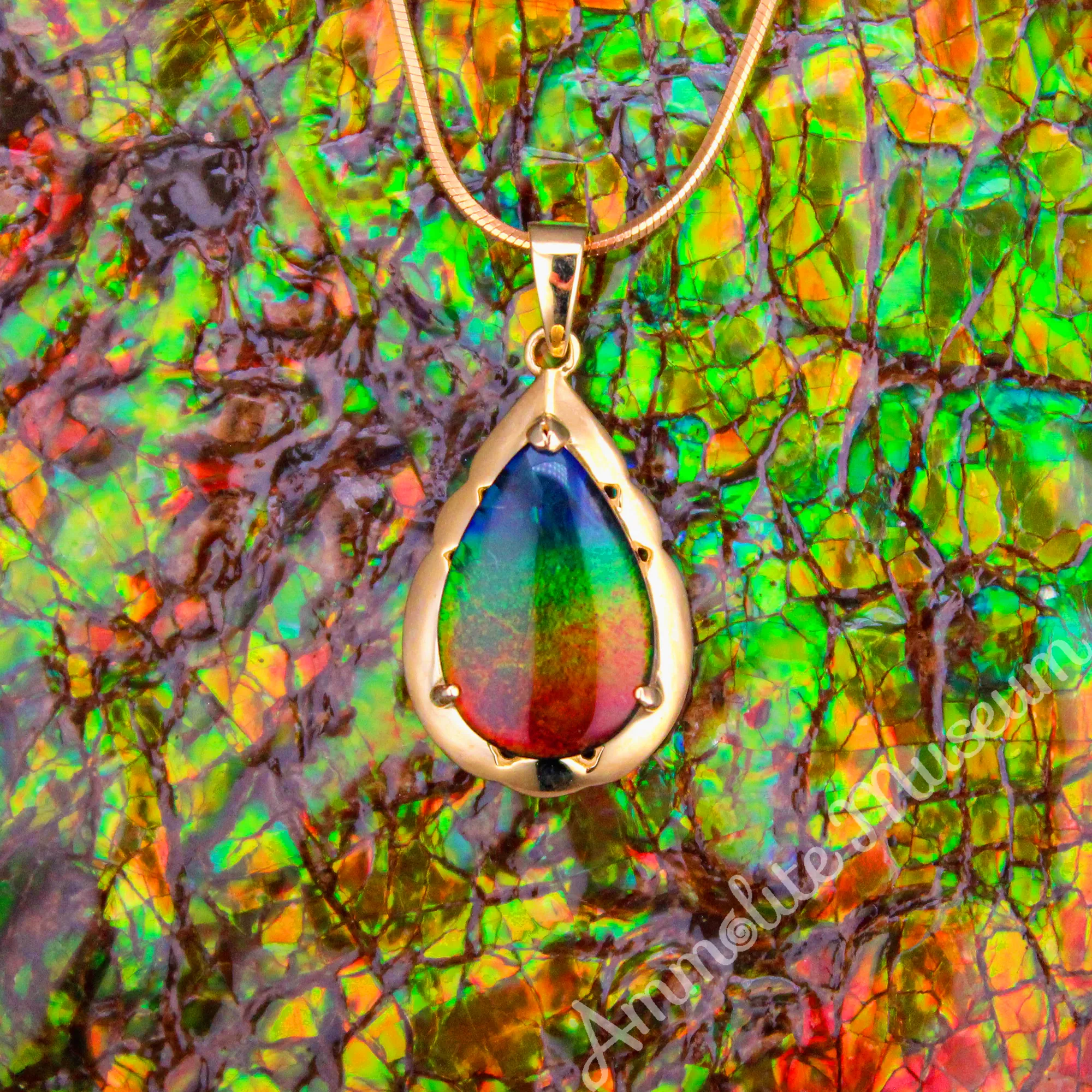 14K Gold Teardrop Ammolite Pendant