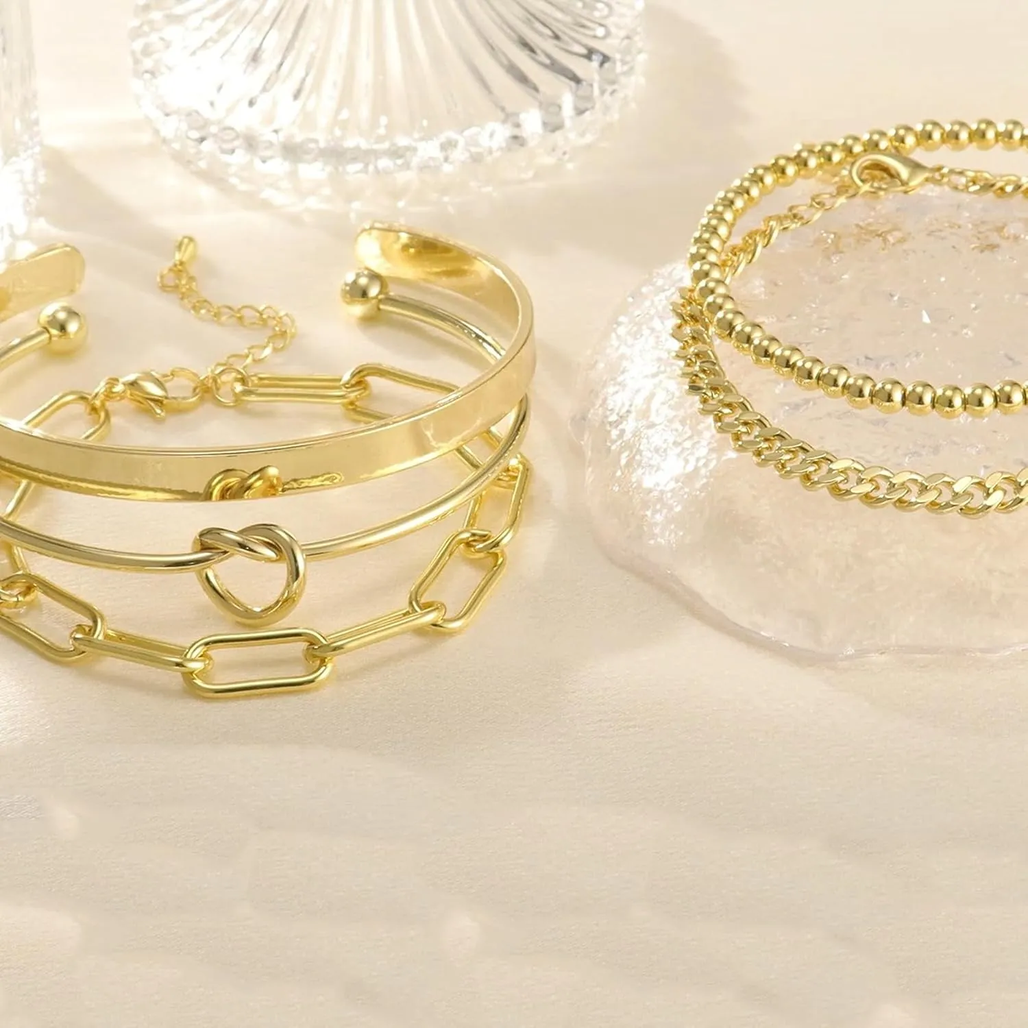 14K Real Gold Plated Bracelets for Women Stack,Bangle Cuff Bracelet Set Non Tarnish Jewelry for Women Trendy