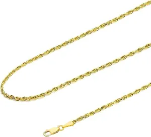 14k Real Solid Gold Rope Chain Necklace for Women or Men, Lobster Claw Clasp