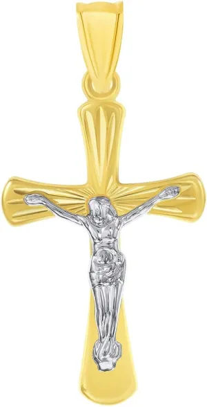14k Two-Tone Gold High Polished Textured Religious Cross Jesus Crucifix Pendant