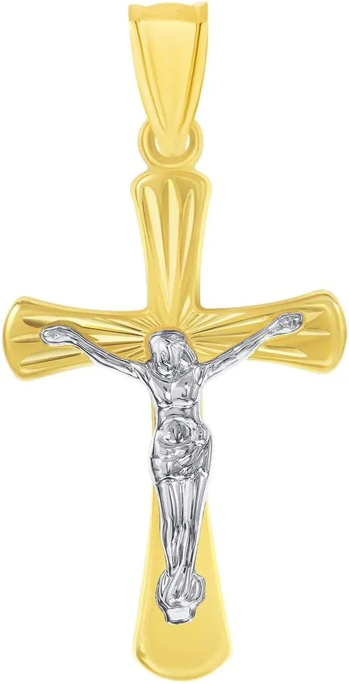 14k Two-Tone Gold High Polished Textured Religious Cross Jesus Crucifix Pendant