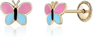 14k Yellow Gold Butterfly Screwback Earrings Girls or Babies with Colorful Enamel