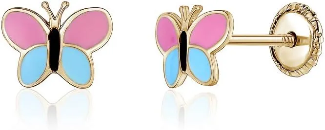 14k Yellow Gold Butterfly Screwback Earrings Girls or Babies with Colorful Enamel