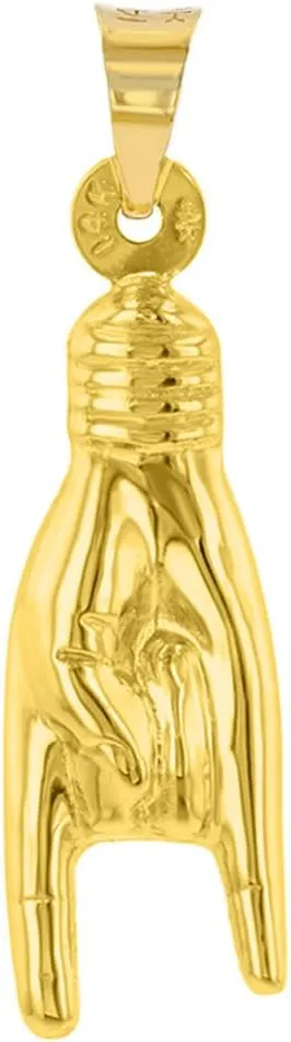 14K Yellow Gold Hand Charm Mano Cornuto Good Luck Sign Pendant
