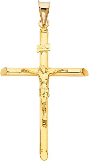 14K Yellow Gold Jesus Engraved Cross Pendant - 42 x 28 MM Tubular Catholic Crucifix Charm - 14K Gold Stamped Fine Jewelry