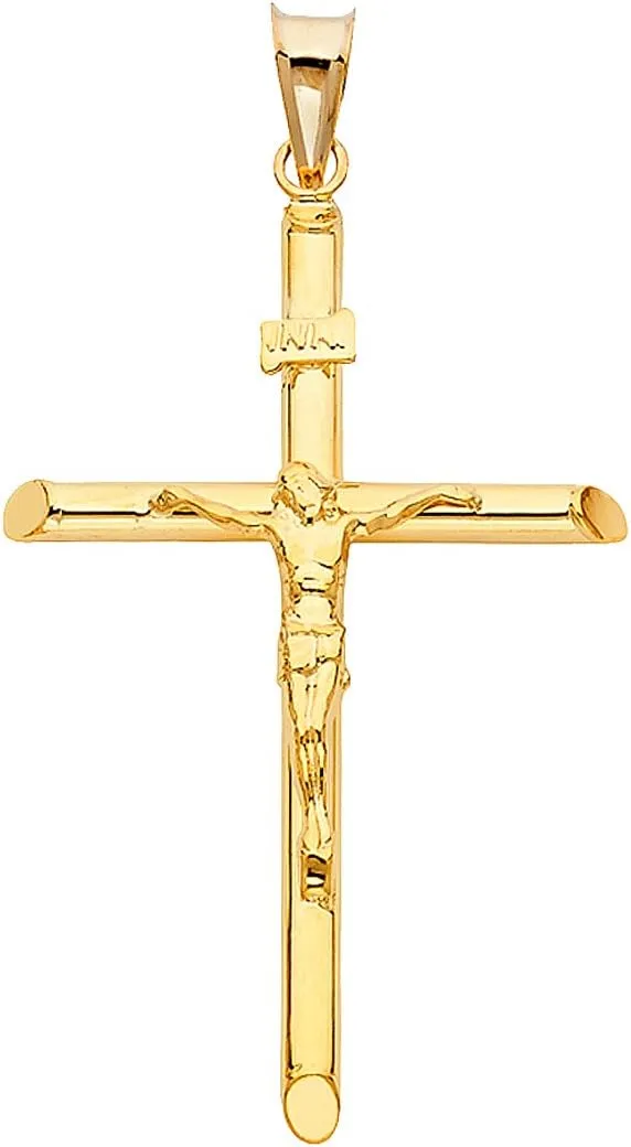 14K Yellow Gold Jesus Engraved Cross Pendant - 42 x 28 MM Tubular Catholic Crucifix Charm - 14K Gold Stamped Fine Jewelry