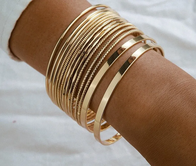 14pcs/sets Punk Gold Color Bracelets for Women Trendy Alloy Metal Bangle Bohemian Jewelry Accessories