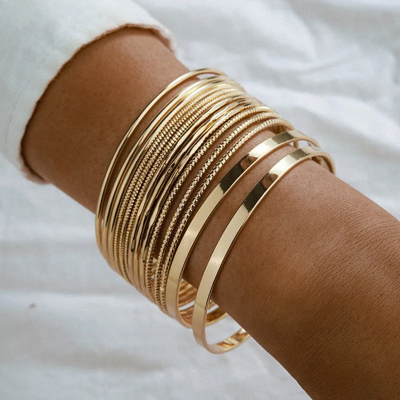 14pcs/sets Punk Gold Color Bracelets for Women Trendy Alloy Metal Bangle Bohemian Jewelry Accessories
