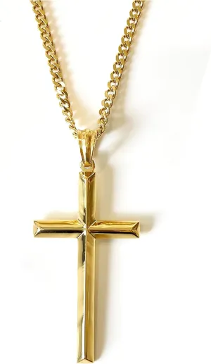 18K Gold Chain Style Cross Pendant Necklace Solid Clasp for Men, Husband Thin for Charms Miami Cuban Link Diamond Cut Religious Beveled Edge