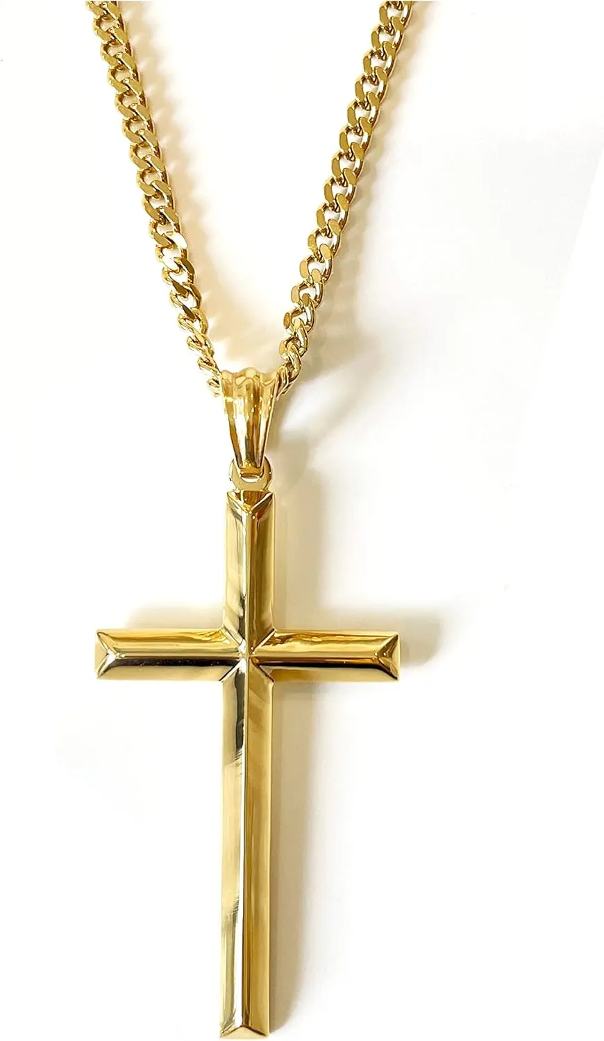 18K Gold Chain Style Cross Pendant Necklace Solid Clasp for Men, Husband Thin for Charms Miami Cuban Link Diamond Cut Religious Beveled Edge