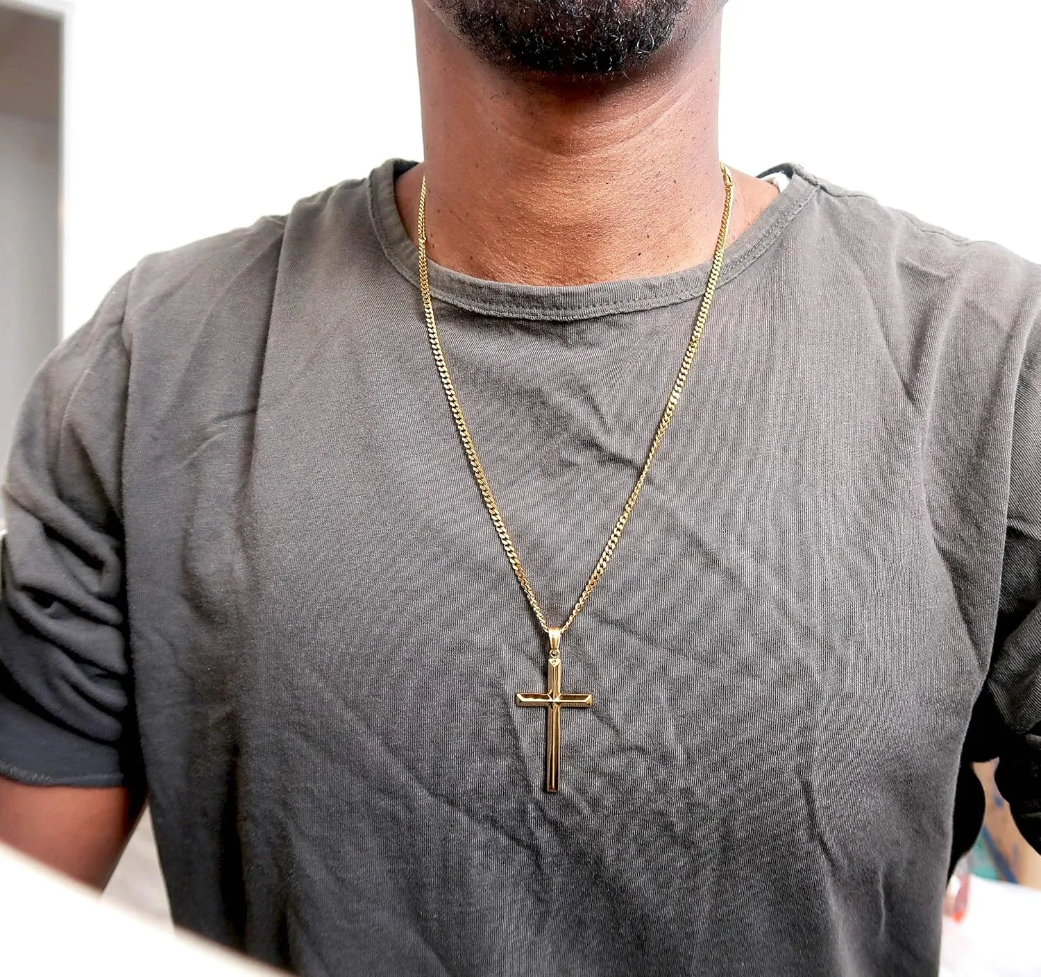 18K Gold Chain Style Cross Pendant Necklace Solid Clasp for Men, Husband Thin for Charms Miami Cuban Link Diamond Cut Religious Beveled Edge
