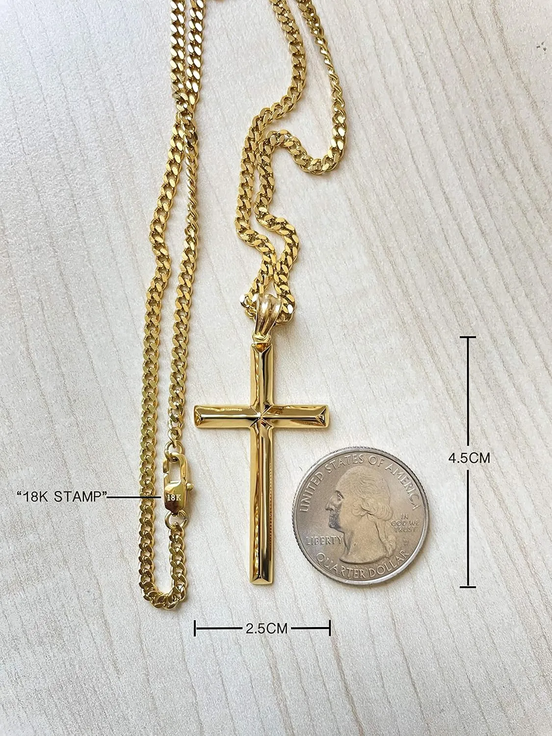 18K Gold Chain Style Cross Pendant Necklace Solid Clasp for Men, Husband Thin for Charms Miami Cuban Link Diamond Cut Religious Beveled Edge