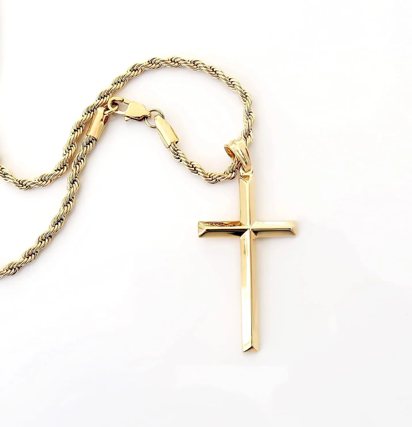 18K Gold Rope Chain Style Cross Pendant Necklace 3MM Cross Necklace Clasp for MEN, HUSBAND Thin for Charms Miami Cuban Link Diamond Cut Religious Beveled Edge