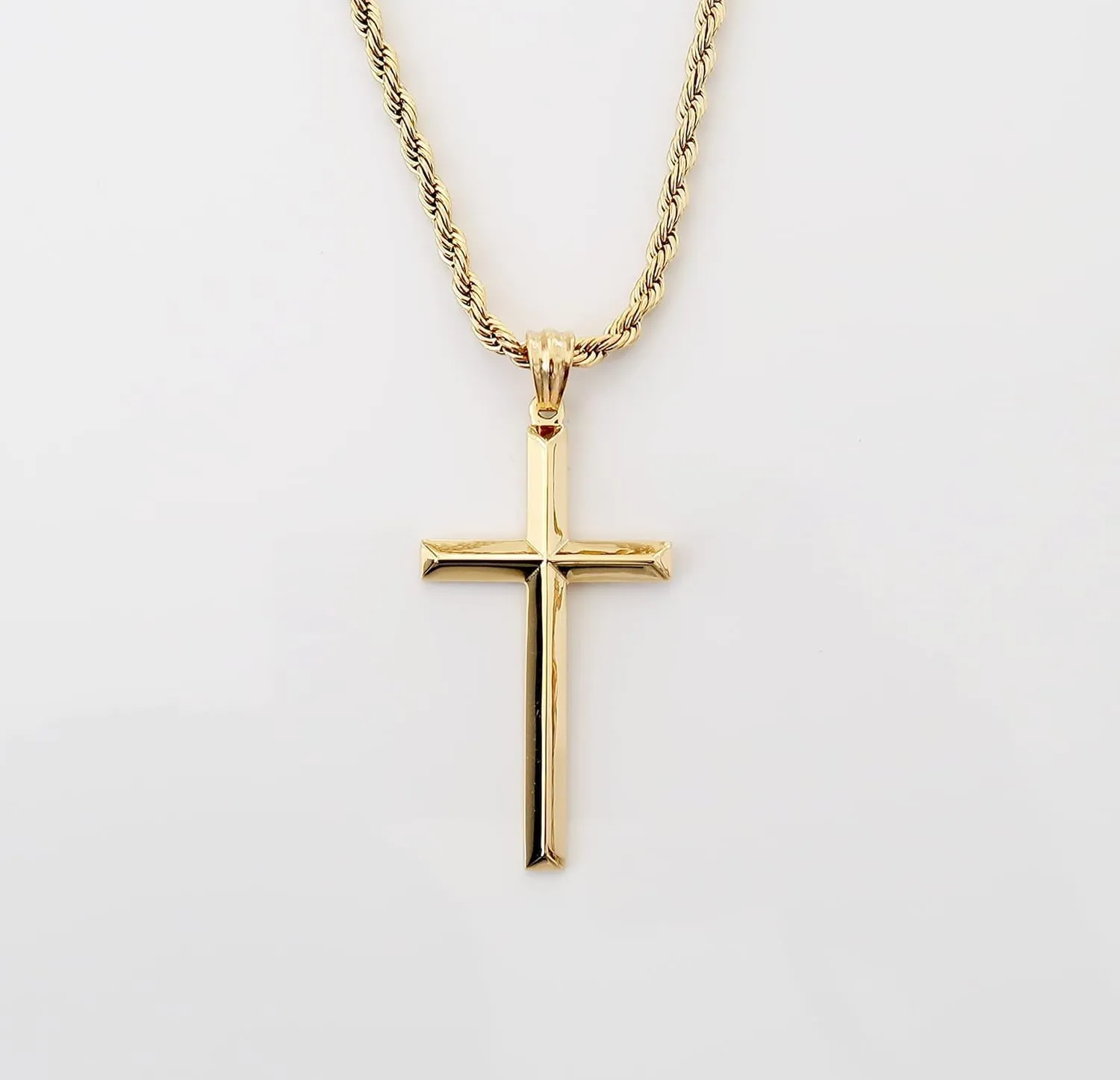 18K Gold Rope Chain Style Cross Pendant Necklace 3MM Cross Necklace Clasp for MEN, HUSBAND Thin for Charms Miami Cuban Link Diamond Cut Religious Beveled Edge